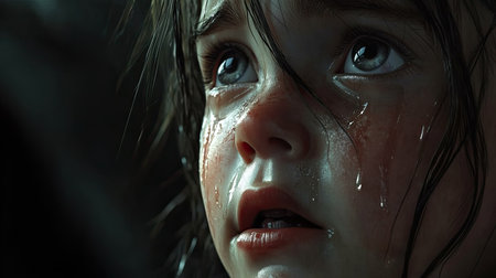 A close-up of a baby girl with tears streaming down her cheeks, her face scrunched up in sadnessの素材