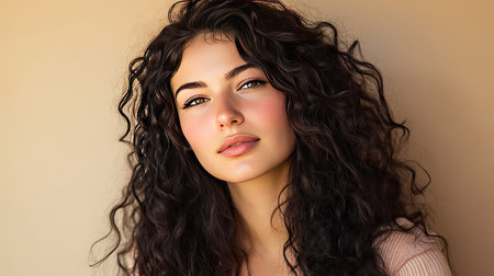 A confident woman with luxurious curly hair, posing in a studio, with soft lighting highlighting her natural beautyの素材
