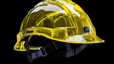 A close-up of a yellow safety helmet, with clear details of its sturdy plastic design and adjustable strapsの素材