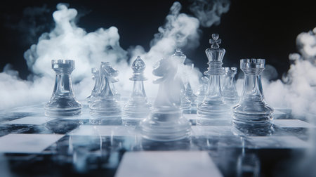 A chessboard with glass pieces partially immersed in smoke or mist, creating a mysterious and dramatic sceneの素材