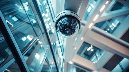 A close-up of a CCTV camera installed on the ceiling of a modern office building, capturing a wide view of the workspace belowの素材