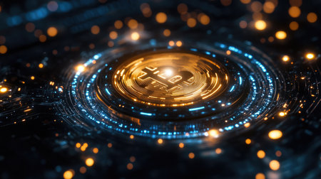 A cryptocurrency coin floating within a holographic blockchain network, representing secure transactionsの素材