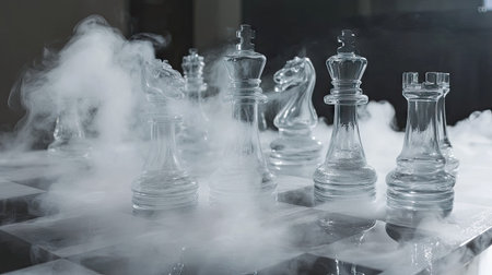 A chessboard with glass pieces partially immersed in smoke or mist, creating a mysterious and dramatic sceneの素材