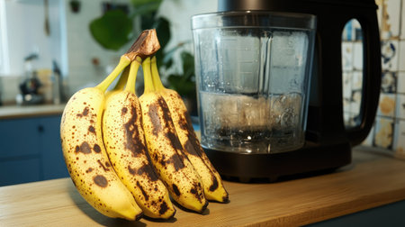 A bunch of overripe bananas with dark spots on the peel, placed next to a blender for making smoothiesの素材