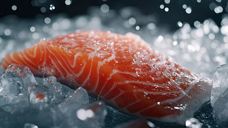A close-up of a raw salmon fillet with natural marbling, placed on a cold bed of ice, surrounded by small droplets of waterの素材