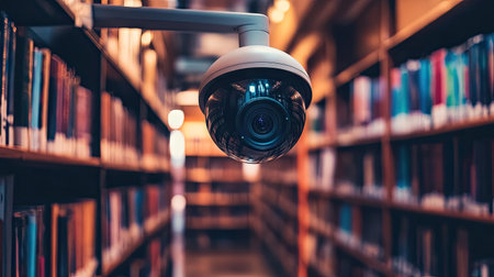 A CCTV camera mounted in the ceiling of a library, monitoring the area while maintaining a calm atmosphereの素材