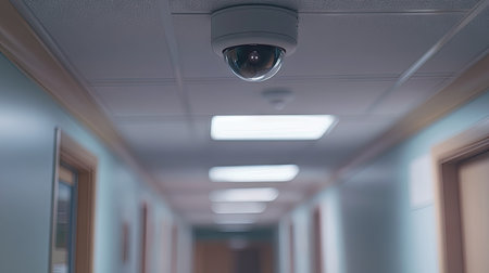 A close-up of a CCTV camera on the ceiling of a hospital corridor, ensuring safety and surveillance within the medical facilityの素材