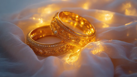 A collection of gold bangles and necklaces arranged artistically on a white fabric, glowing under diffused lightの素材