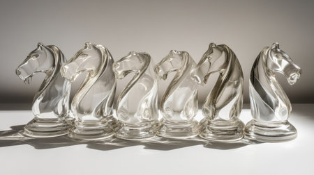 A dramatic side view of glass chess pieces with soft light casting shadows and reflections across the boardの素材