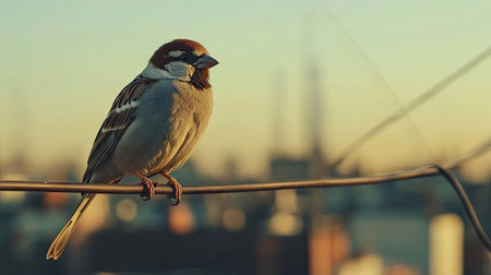 A close-up of a sparrow perched on a wire, with a blurred background of rooftops and antennasの素材