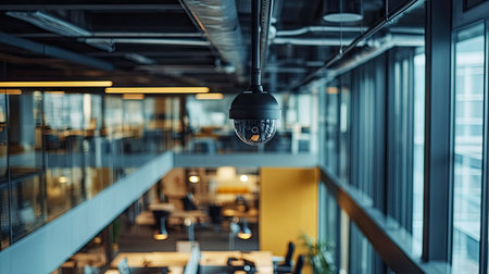 A close-up of a CCTV camera installed on the ceiling of a modern office building, capturing a wide view of the workspace belowの素材