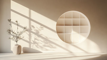 A circular window with a curved visor, with soft, rounded shadows on a pale-colored wall during morning lightの素材