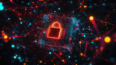 A digital padlock surrounded by blockchain nodes and glowing lines, symbolizing cybersecurity in blockchainの素材