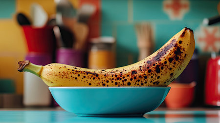 A close-up of an overripe banana with dark spots, set against a backdrop of colorful kitchen decorの素材