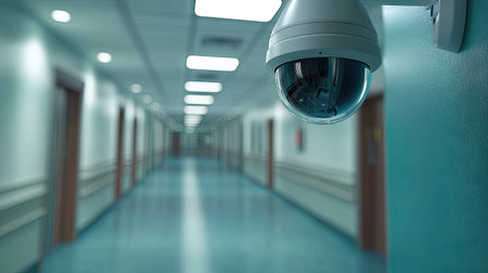 A close-up of a CCTV camera on the ceiling of a hospital corridor, ensuring safety and surveillance within the medical facilityの素材