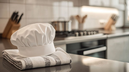 A close-up of a white chef hat on a counter, with clean kitchen towels and a gleaming stovetop in the backgroundの素材