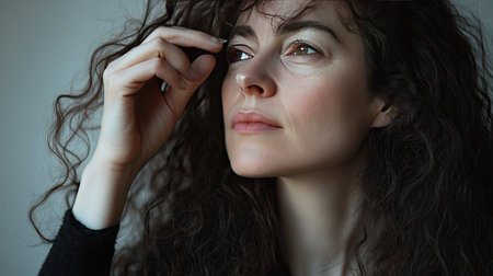 A close-up shot of a woman with long curly hair, gently holding a strand as she looks thoughtfully into the distanceの素材