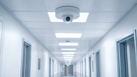A close-up of a CCTV camera on the ceiling of a hospital corridor, ensuring safety and surveillance within the medical facilityの素材