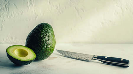 A close-up of a fresh avocado with a smooth texture, with a sharp knife resting beside it, isolated on a white backgroundの素材