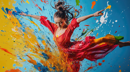 A dancer surrounded by splashes of colorful paint mid-performance, with vibrant energy and motionの素材