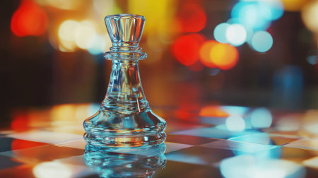 A close-up of a glass bishop captured at an angle, with blurred chessboard patterns in the backgroundの素材