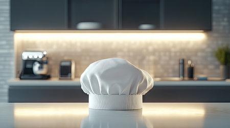 A close-up of a white chef hat on a counter, with light reflecting off its smooth fabric against a sleek kitchen backdropの素材