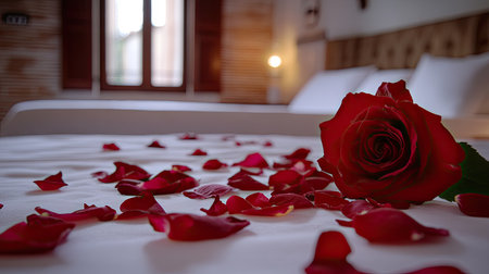 A close-up of a red rose lying on a white bed with rose petals scattered around it, setting a romantic mood for a honeymoonの素材
