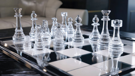 A close-up of transparent glass chess pieces on a sleek black-and-white chessboard, with light reflecting off the surfacesの素材