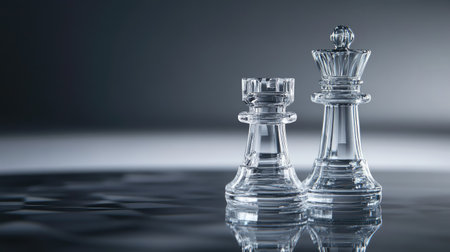 A dramatic perspective of a glass rook and bishop standing side by side, with other pieces faintly visible behindの素材
