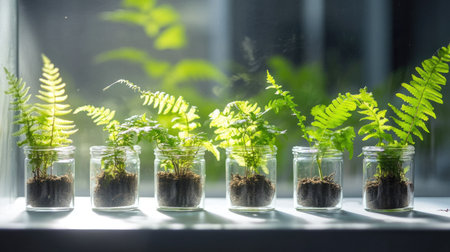 A collection of small fern plants in a terrarium, with the light casting soft shadows across the glass and leavesの素材