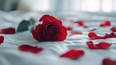 A close-up of a red rose lying on a white bed with rose petals scattered around it, setting a romantic mood for a honeymoonの素材