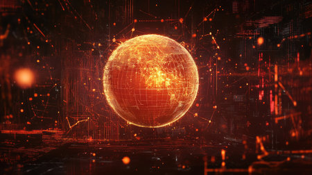 A digital globe surrounded by blockchain nodes and glowing lines, symbolizing global connectivityの素材
