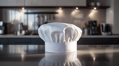 A close-up of a white chef hat on a counter, with light reflecting off its smooth fabric against a sleek kitchen backdropの素材