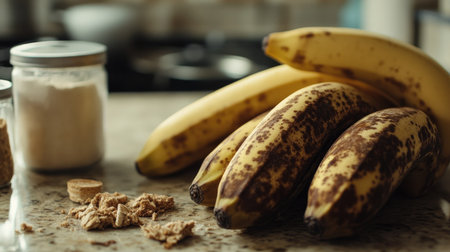 A close-up of overripe bananas with dark spots, placed on a countertop with ingredients for banana bread nearbyの素材