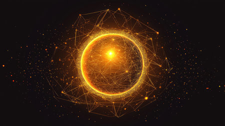 A digital globe surrounded by blockchain nodes and glowing lines, symbolizing global connectivityの素材