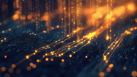 A digital representation of data blocks being validated, with glowing lines forming a secure chainの素材