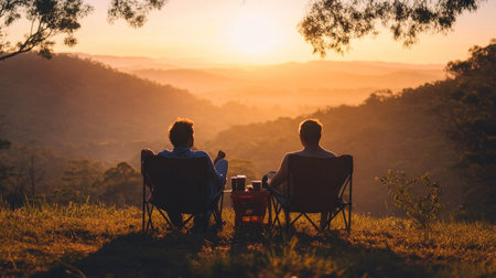 A couple relaxing on camping chairs with coffee mugs, overlooking a forested valley during sunriseの素材