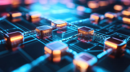 A decentralized ledger graphic with interconnected blocks glowing on a high-tech holographic interfaceの素材