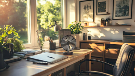 A compact tabletop fan with small spinning blades, surrounded by minimalistic furniture in a home officeの素材