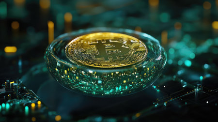A cryptocurrency coin floating within a holographic blockchain network, representing secure transactionsの素材