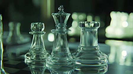 A dramatic perspective of a glass rook and bishop standing side by side, with other pieces faintly visible behindの素材