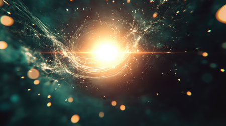 A dreamy cosmic effect with lens flares radiating from a bright light source, surrounded by glowing particlesの素材