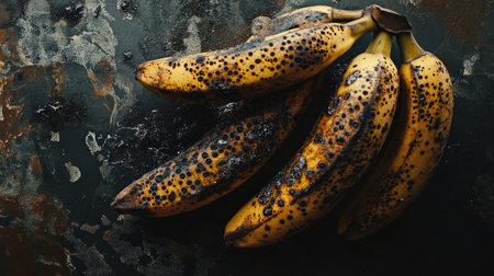 A close-up of overripe bananas on a countertop, with the soft, dark-spotted fruit looking ideal for bakingの素材