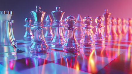A dramatic side view of glass chess pieces with soft light casting shadows and reflections across the boardの素材