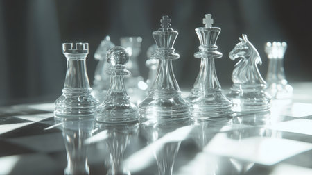 A dramatic side view of glass chess pieces with soft light casting shadows and reflections across the boardの素材