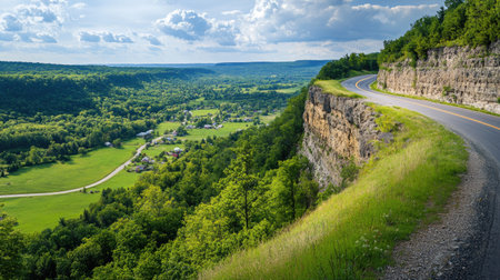 A curving highway along the edge of a cliff, overlooking a vast green valley filled with trees and small villagesの素材