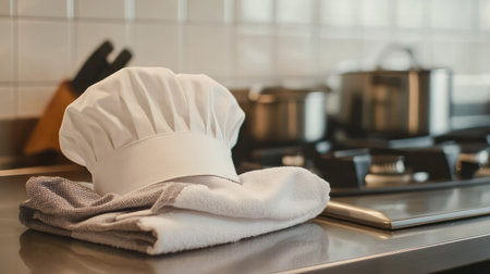 A close-up of a white chef hat on a counter, with clean kitchen towels and a gleaming stovetop in the backgroundの素材
