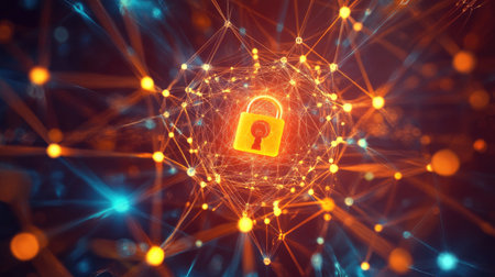 A digital padlock surrounded by blockchain nodes and glowing lines, symbolizing cybersecurity in blockchainの素材