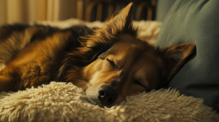 Comfortable dog napping on a fluffy dog bed pillow, enjoying a peaceful rest in a cozy home.の素材