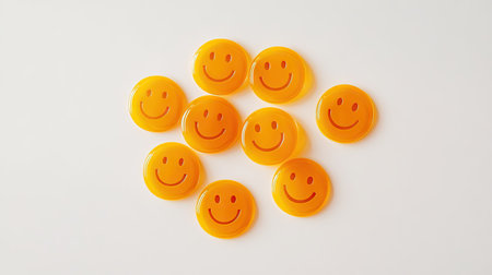 Cluster of small yellow smiley face stickers grouped on a minimal white background.の素材